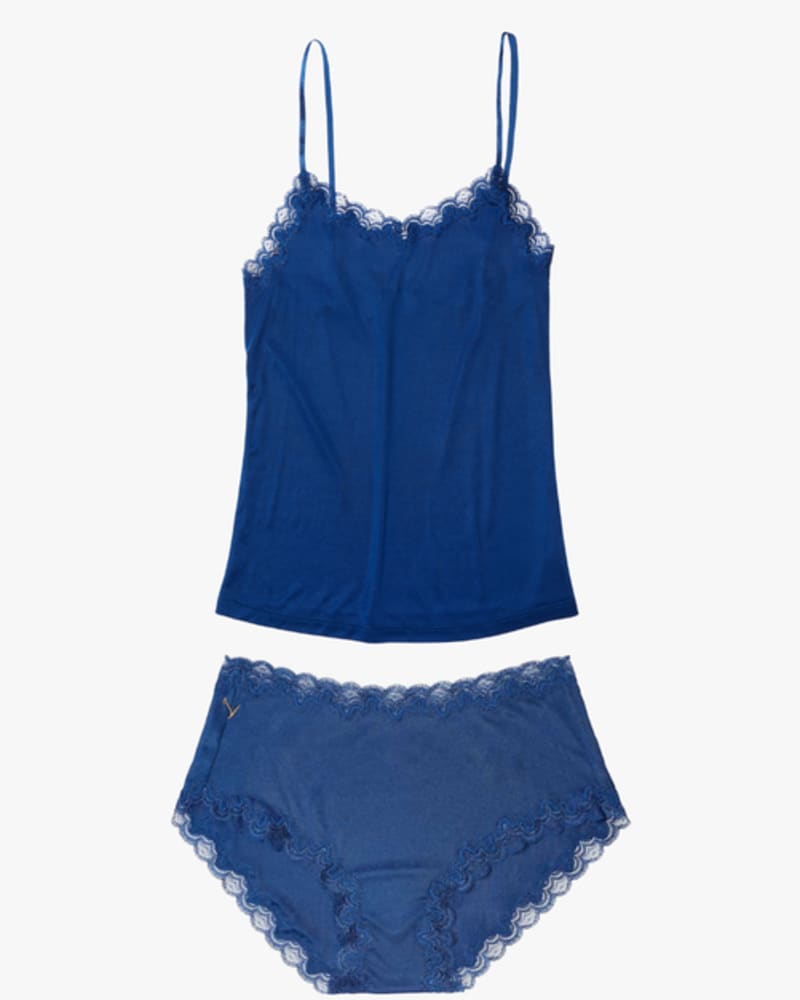 Front of a size L Soft Silk Set Bundle in Estate Blue Silk Set by Uwila Warrior. | dia_product_style_image_id:242522